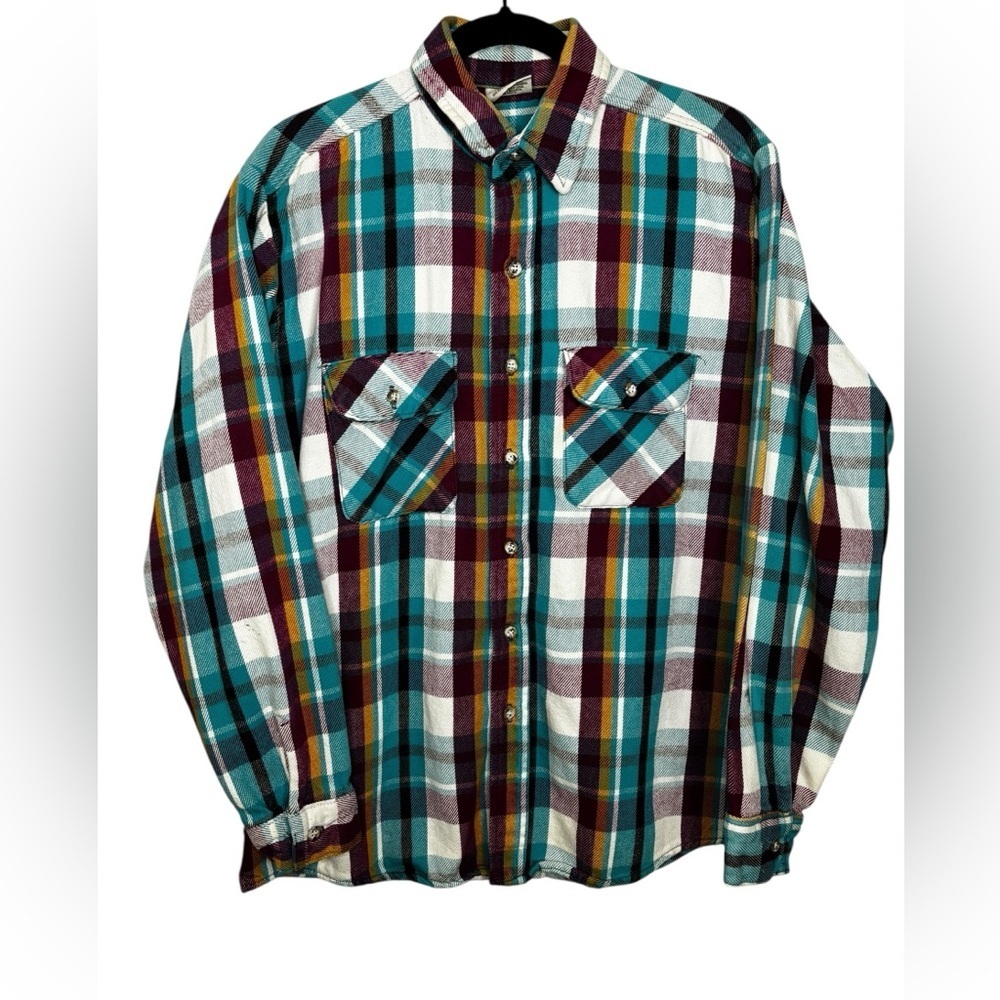 Vintage Five Brother Shirt Mens Red Blue LT Plaid Flannel USA Work Grunge 70s